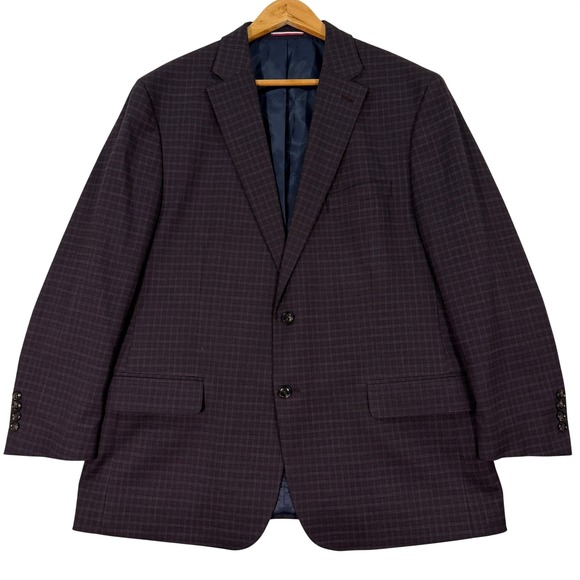 NEW Tommy Hilfiger Mens 46R Blazer Maroon Blue Plaid Micro Check 2 Button Jacket